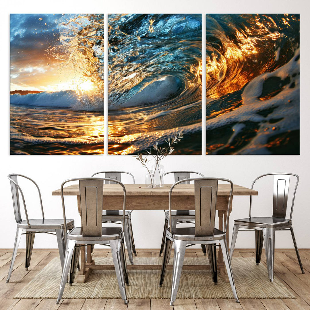 Ocean Wave at Sunset Wall Art | Ready to Hang Triptych Canvas Print | Coastal Wall Art for Living Room | Nautical and Beach House Decor