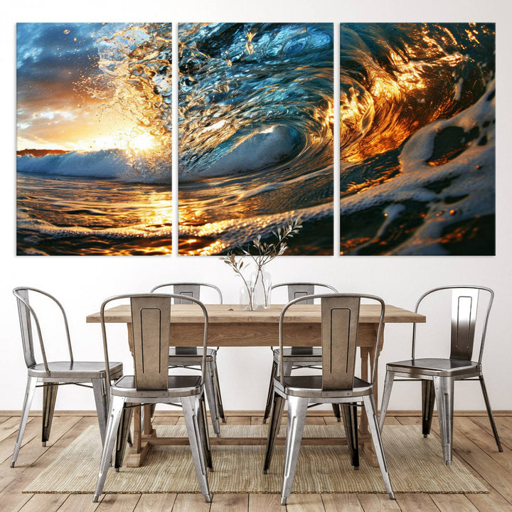 Ocean Wave at Sunset Wall Art | Ready to Hang Triptych Canvas Print | Coastal Wall Art for Living Room | Nautical and Beach House Decor