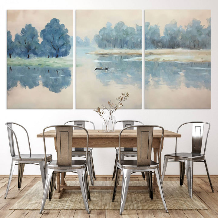 Landscape Printing Lake and Boat Scene | Serene Landscape Wall Art for Nature Lovers | Ready to Hang Triptych Canvas Print | Peaceful Blue Trees and Water Reflection Decor