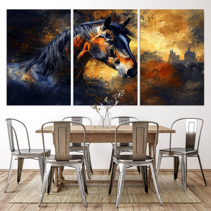 Abstract Horse Art Print on canvas, featuring a colorful background, perfect for rustic farmhouse or equestrian decor.