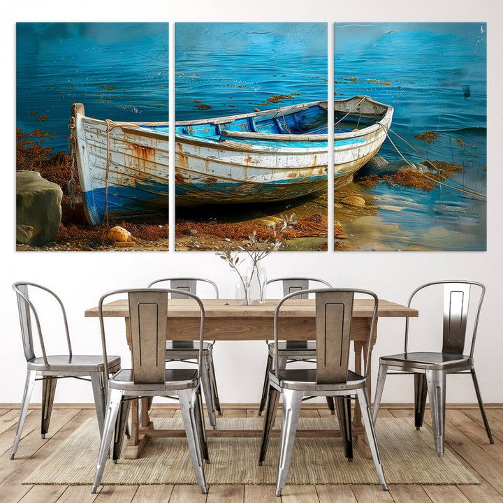 Vintage boat on tranquil waters—rustic triptych canvas print ideal for nautical or coastal wall art.