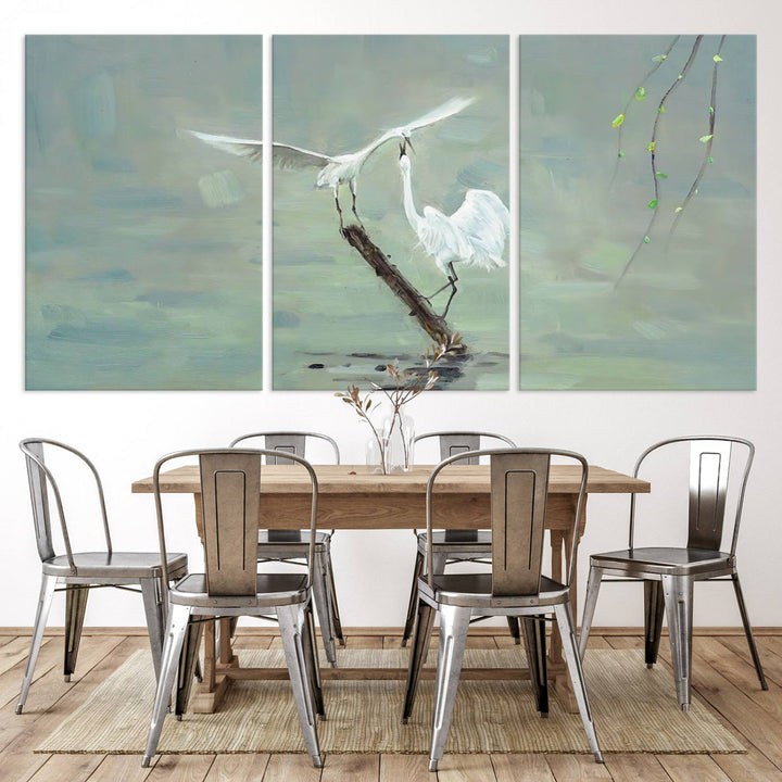 Elegant White Herons on Calm Waters | Coastal Wall Art for Nature-Inspired Decor | Serene Triptych Canvas Print | Ready to Hang Bird-Themed Art for Home Decor