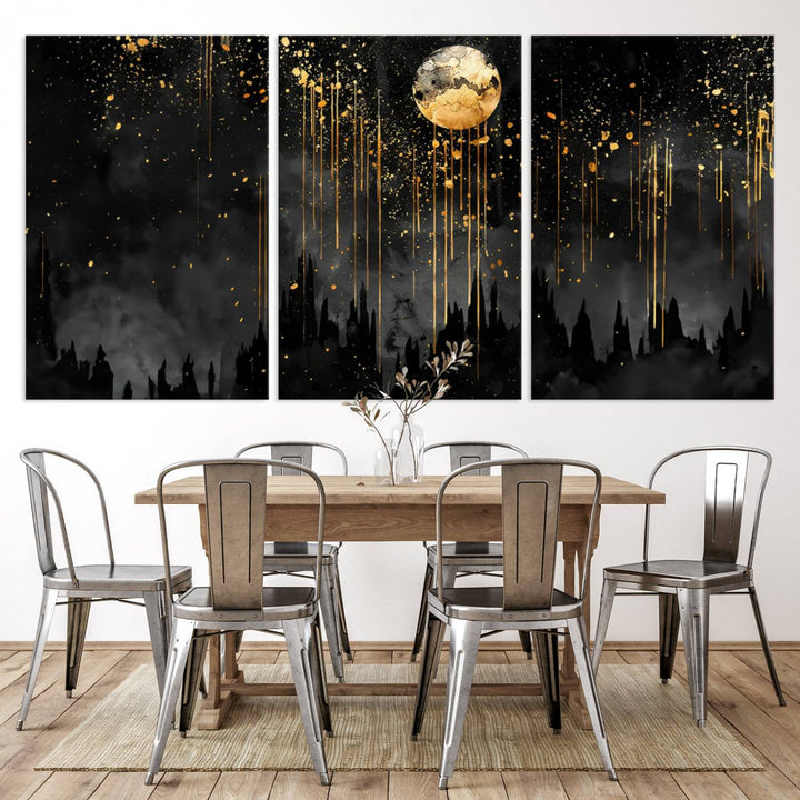 Gold Moon and Black Skyline Abstract Wall Art | Dark Modern Canvas Print with Dripping Gold Accents | Triptych Contemporary Homes