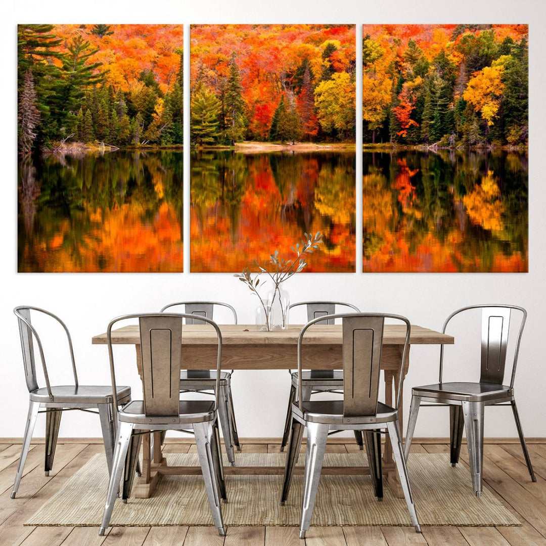 Autumn Forest Reflection Wall Art | Triptych Canvas Print | Vibrant Fall Foliage Wall Decor | Nature-Inspired Cabin Wall Art for Living Room