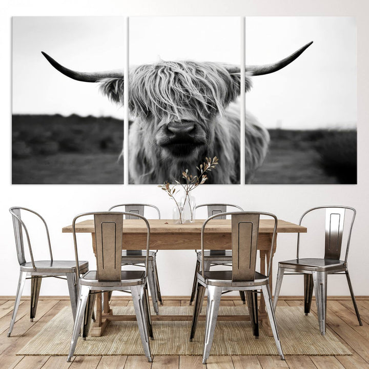 Highland Cow Wall Art | Black and White Farmhouse Decor | Ready to Hang Triptych Canvas Print | Rustic Barn Decor | Scottish Highland Cattle Art Print