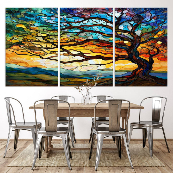 Vibrant Mosaic Tree of Life Wall Art | Stained Glass Style Canvas Print | Ready to Hang Artistic Decor