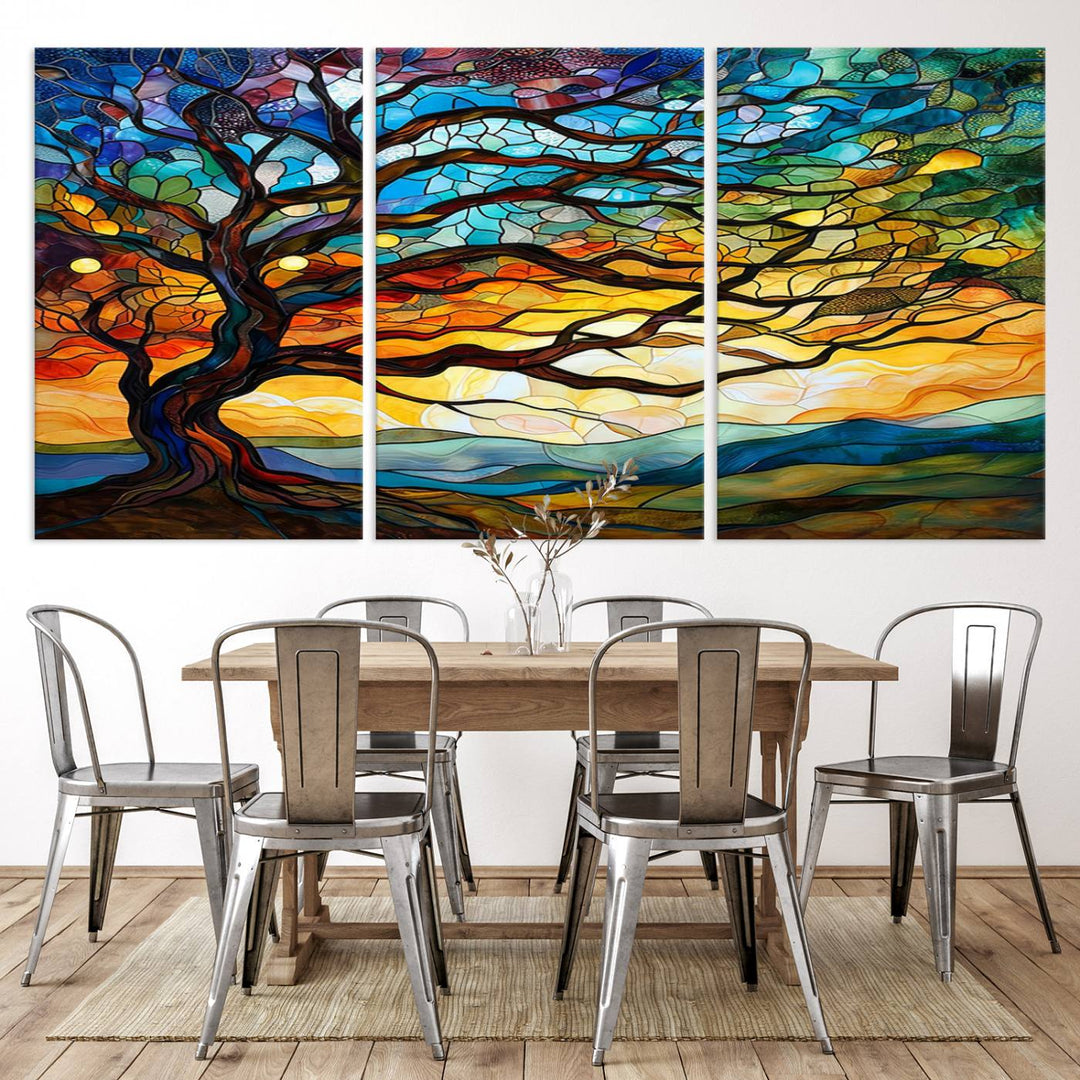 Mosaic Tree Wall Art | Ready to Hang Stained Glass Style Canvas Print | Farmhouse Wall Decor, Cabin Wall Art, and Unique Nature Home Decor