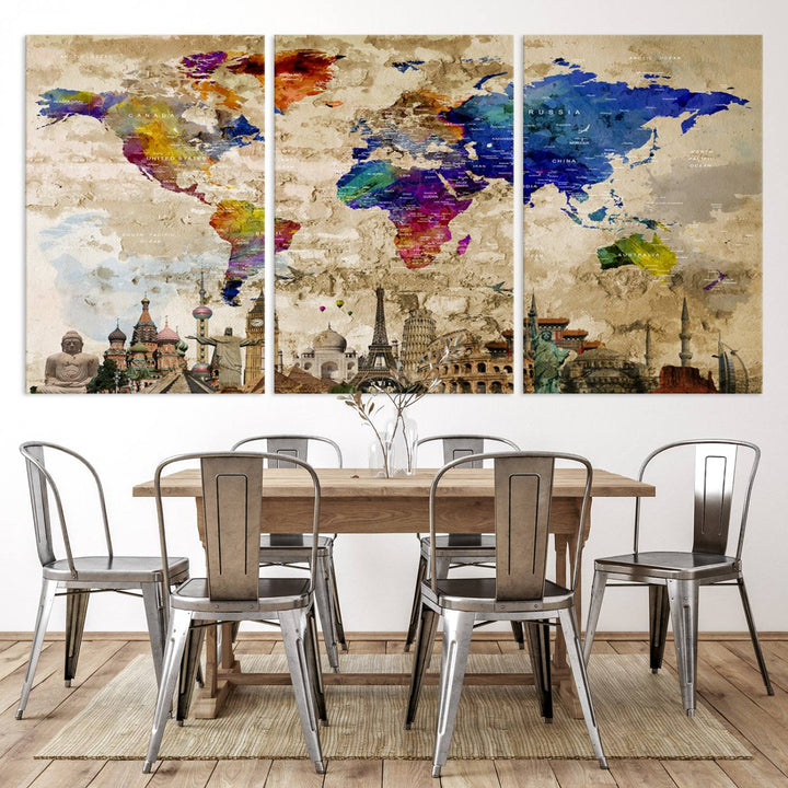 Artistic world map featuring landmarks like the Eiffel Tower, printed on premium wall art for office or living space.