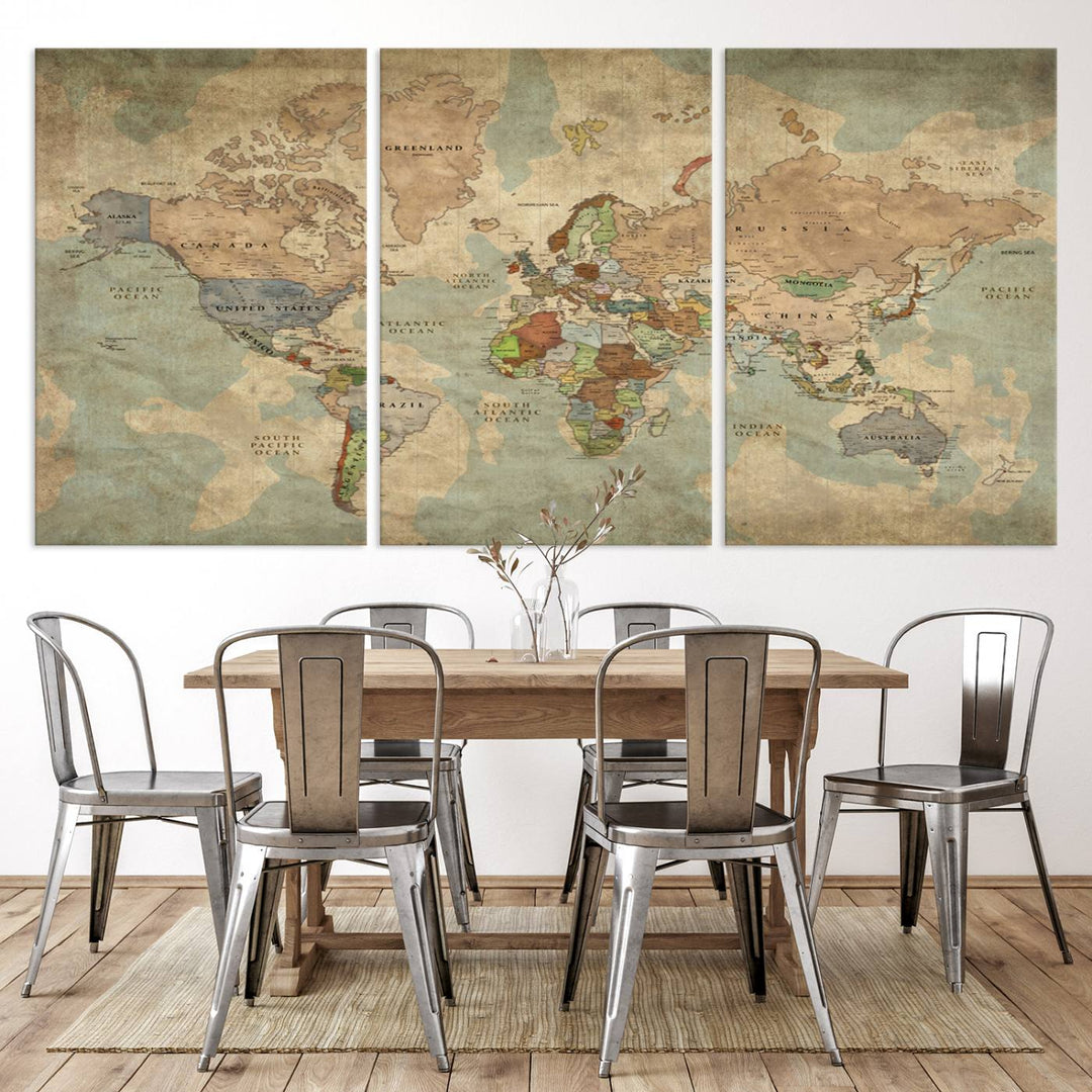 Vintage World Map Canvas Wall Art – Antique Triptych Map Print – Rustic Global Decor for Living Room or Office – Ready to Hang