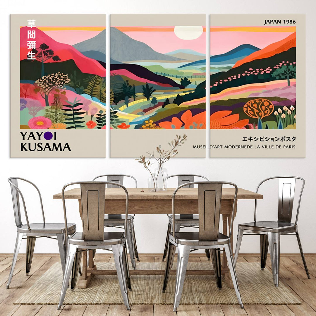 Vibrant abstract landscape canvas inspired by Yayoi Kusama, featuring mountains, trees, and flowers in a triptych style.