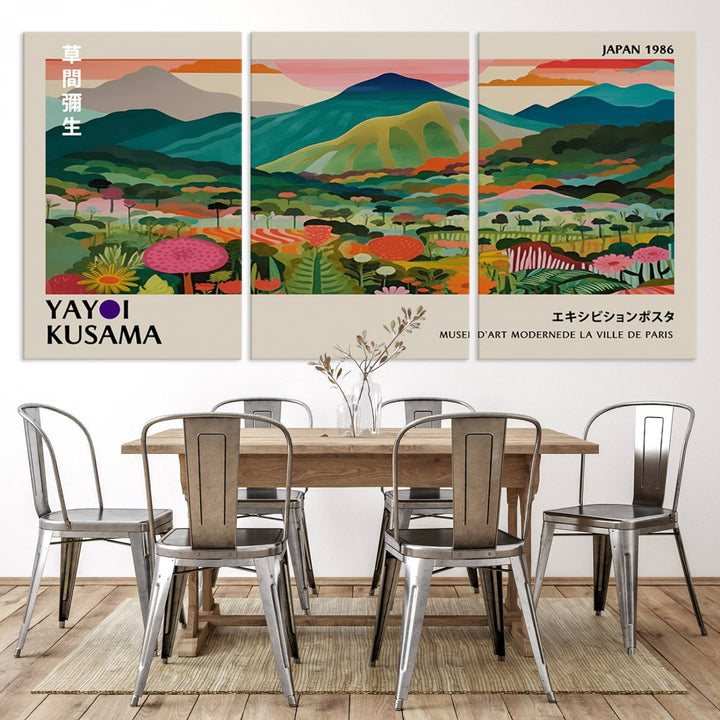 1986 Yayoi Kusama Art Print – Vibrant, abstract landscape featuring hills and trees in a Japanese Wabi Sabi style. Ready-to-hang.