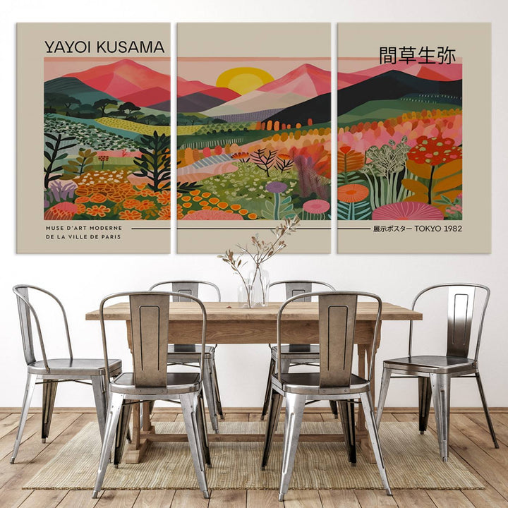 A vibrant abstract triptych features mountains, a sun, and plants in Yayoi Kusamas style with Japanese and French text included.