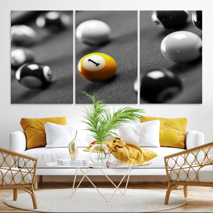 The Black and White Concept Billiard Balls Canvas Print elevates the space with museum-quality charm.