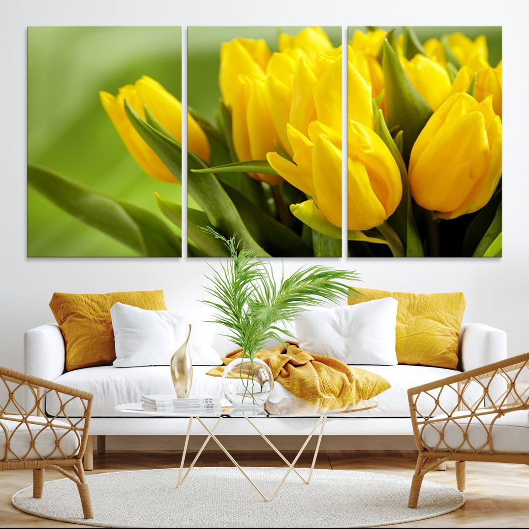 The Wall Art Yellow Tulips Canvas Print on a green background is featured.