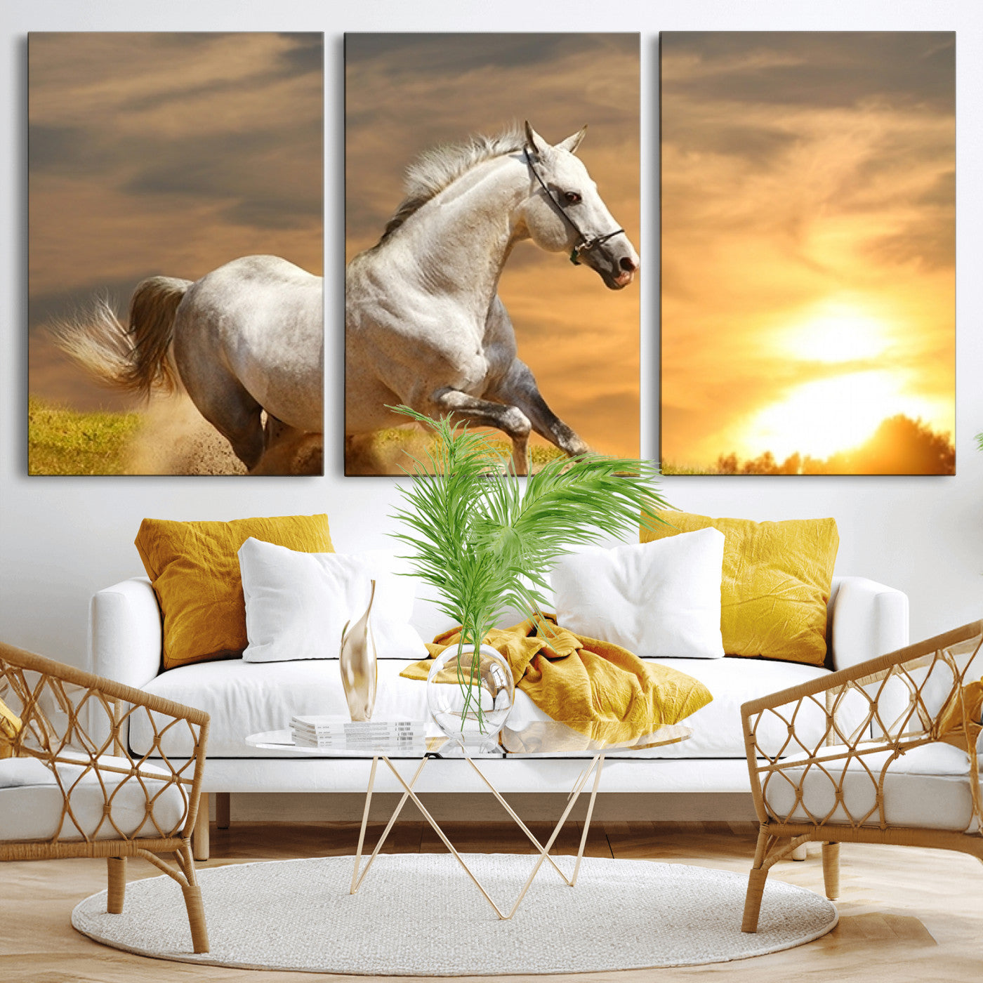 MGV-CV-60X30-3P - Large Wall Art Galloping White Horse at Sunset Canvas Print