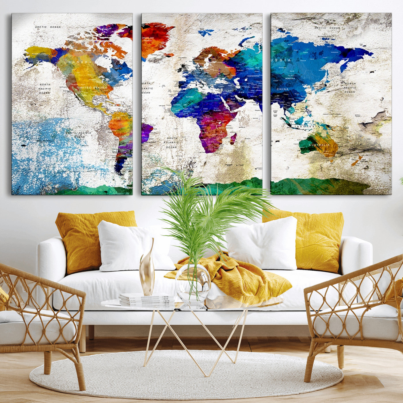 MGV-CV-60X30-3P - Push Pin World Map Canvas Print – Framed Wall Art for Couples to Track Their Travels – Anniversary
