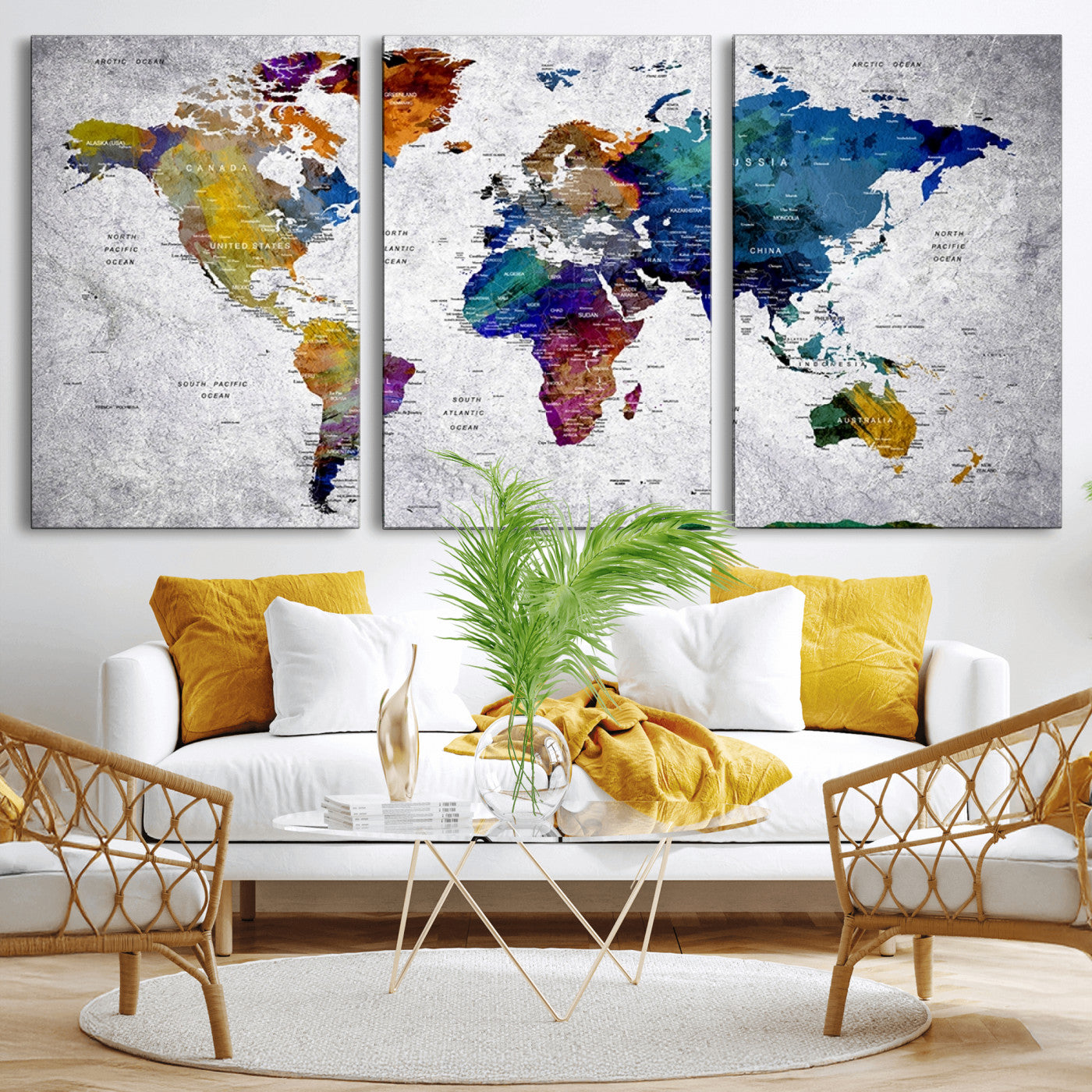 MGV-CV-60X30-3P - Push Pin World Map Canvas Print – Framed Wall Art for Couples to Track Their Travels – Anniversary