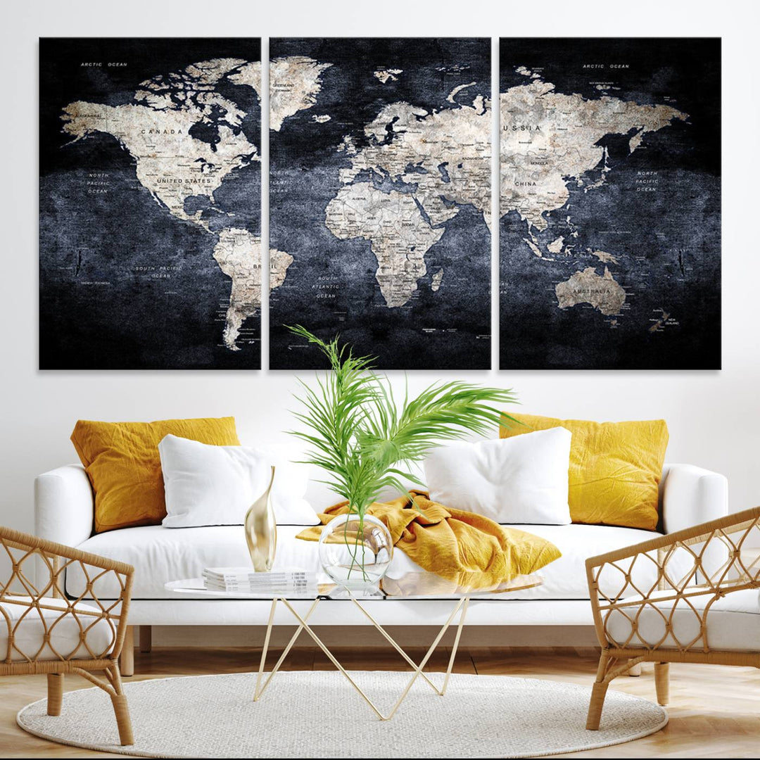 Rustic Black and Bronze World Map Canvas Triptych features white continents on a grunge-stained background.