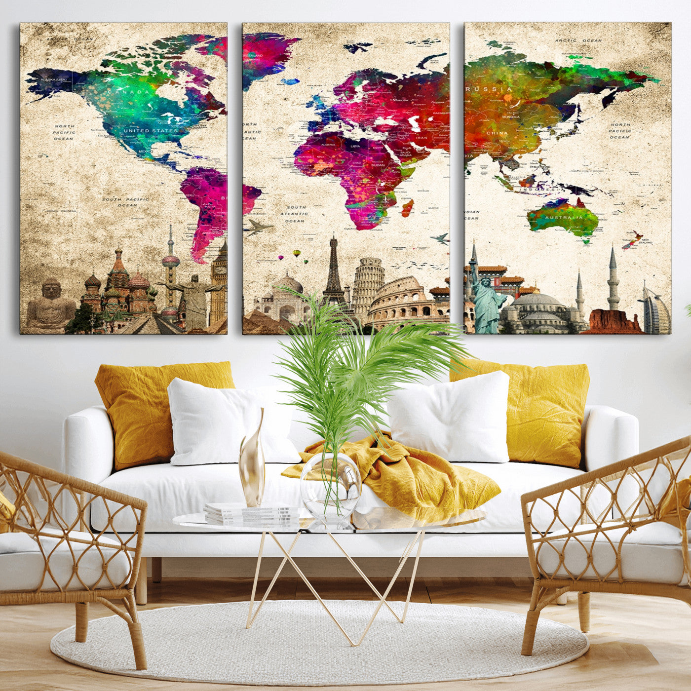 MGV-CV-60X30-3P - Push Pin World Map Canvas Print – Framed Wall Art for Couples to Track Their Travels – Anniversary