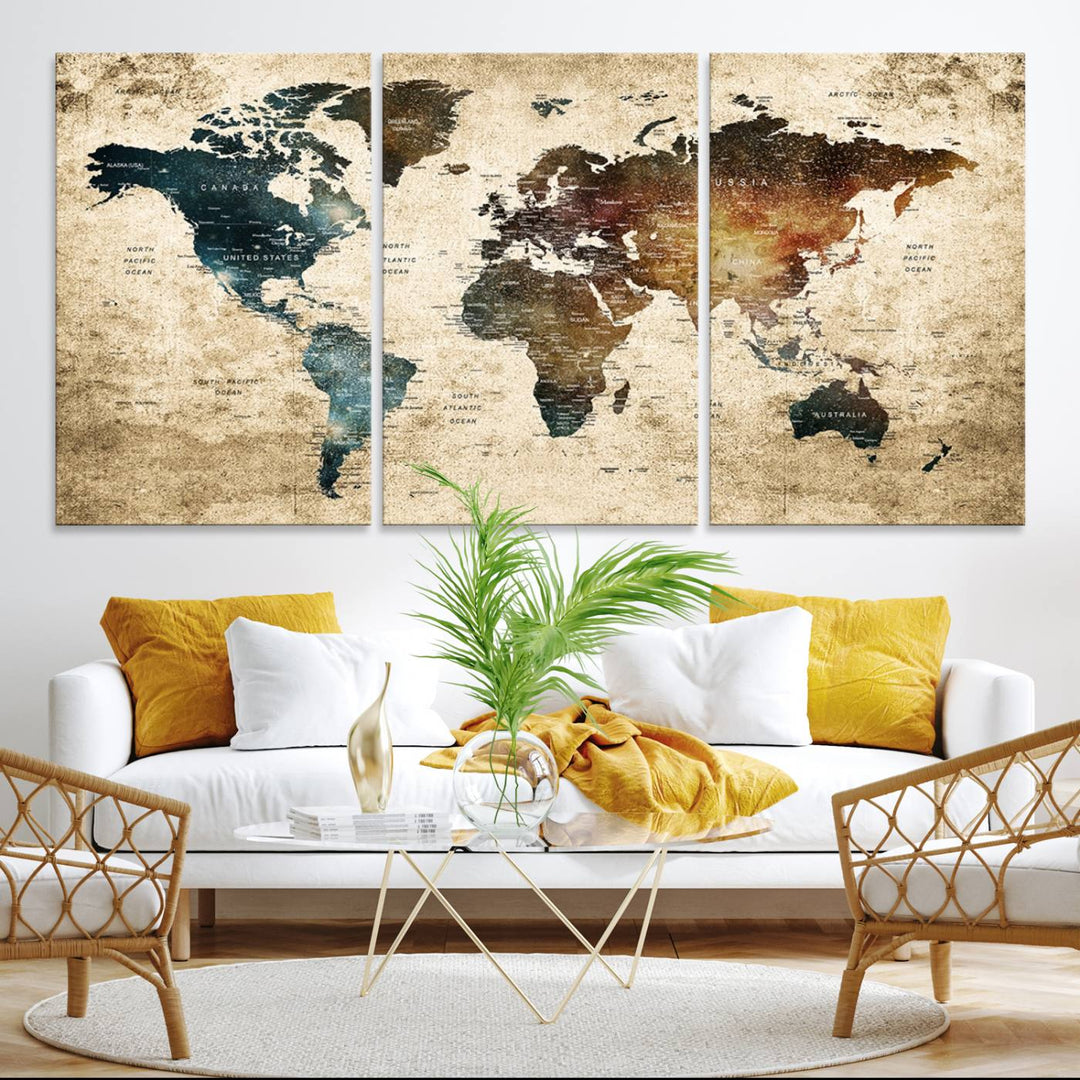 Vintage World Map Canvas Wall Art, perfect for antique-style decor, displayed against a light wood wall.