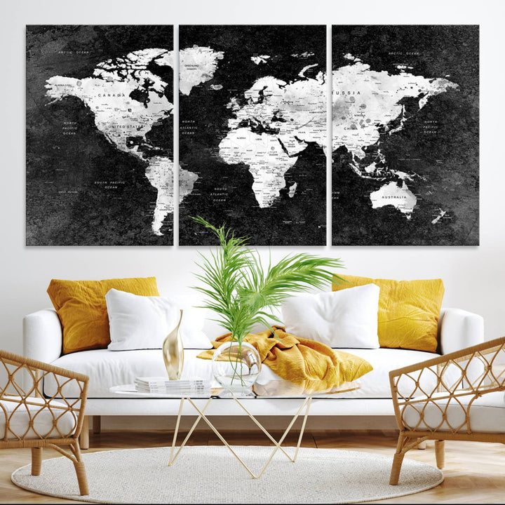 The dining room features a Modern Grayscale World Map 3-Panel Canvas Art as its focal point.