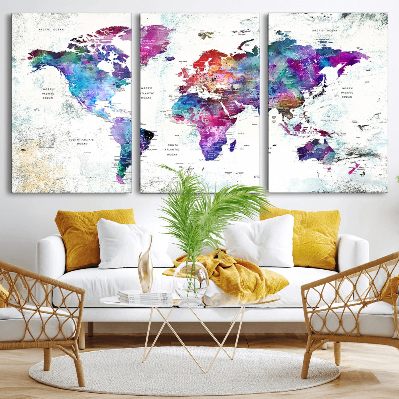 MGV-CV-60X30-3P - Push Pin World Map Canvas Print – Framed Wall Art for Couples to Track Their Travels – Anniversary