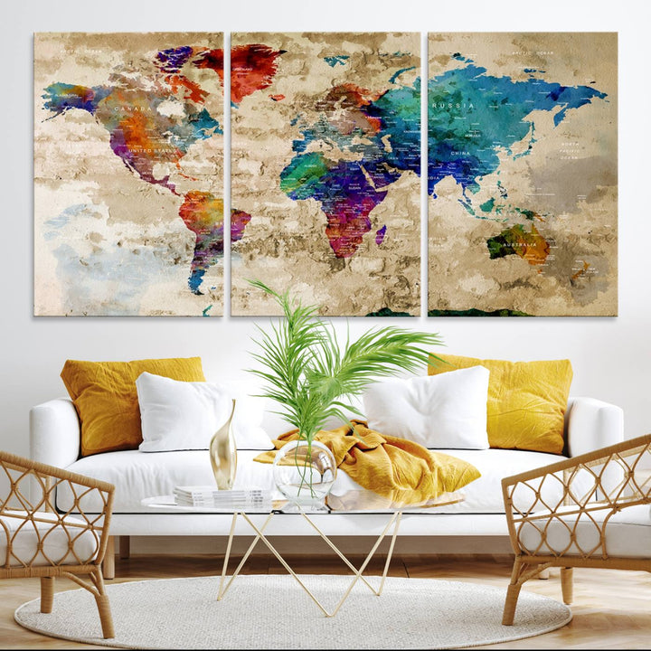 An Abstract Large Watercolor World Map Canvas Print hangs prominently.