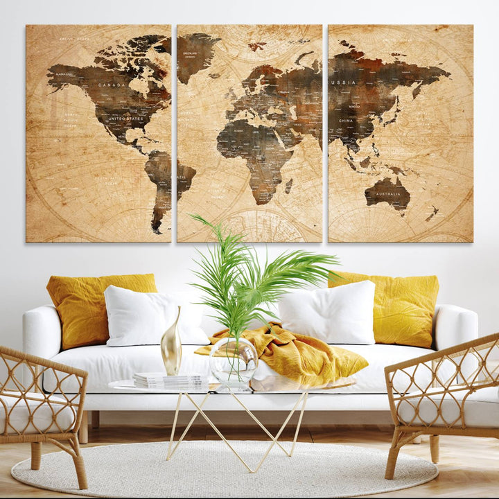 Vintage World Map: 3-Panel Canvas Print in antique rustic style. Framed and gallery wrapped. Ideal for decor.