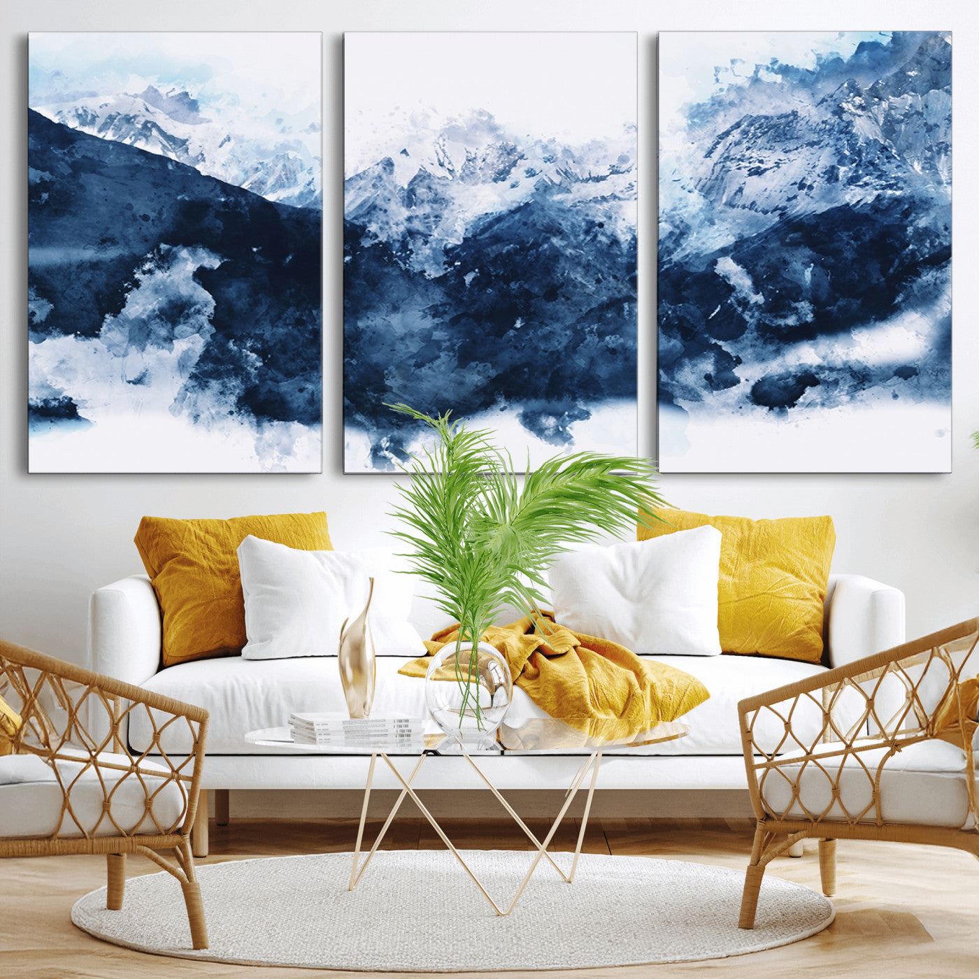 81700-MGV-CV-36X24-Abstract Blue Mountain Canvas Wall Art – Modern Triptych Landscape Print – Contemporary Nature Decor for Living Room or Office – Ready to