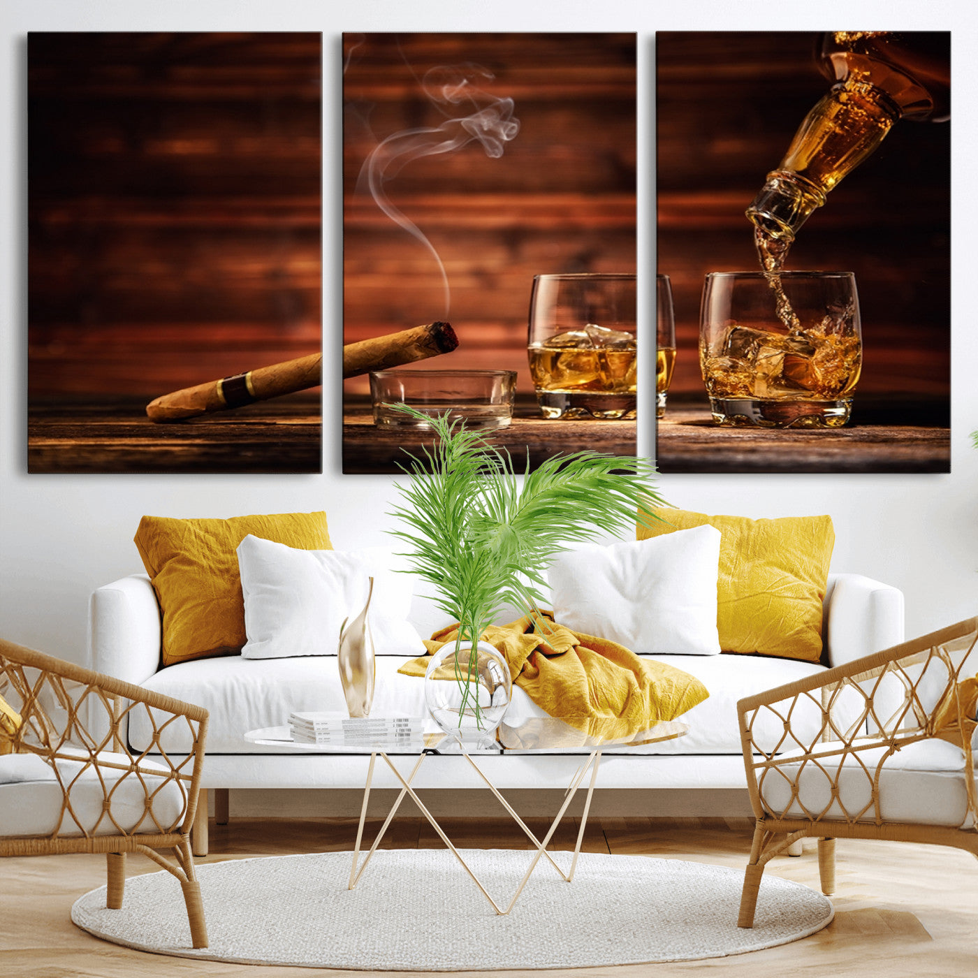 MGV-CV-60X30-3P - Whiskey and Cigar Wall Art Canvas | 3 Panel Bar Room Decor for Home Lounge, Office, or Man Cave |