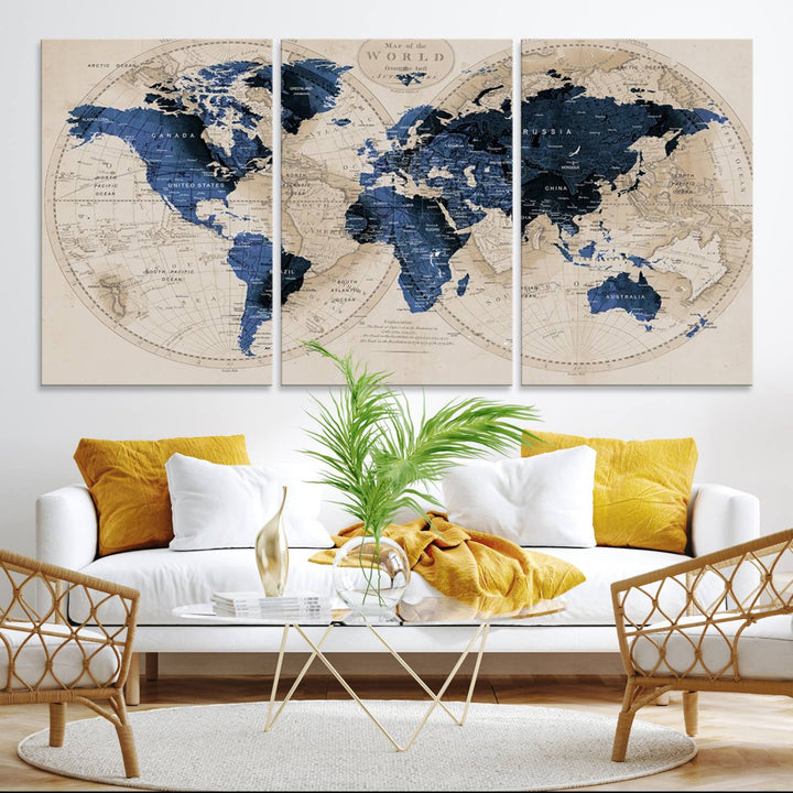 The Vintage Triptych Map Print is a grunge-stained blue and beige world map, perfect for enhancing wall decor.