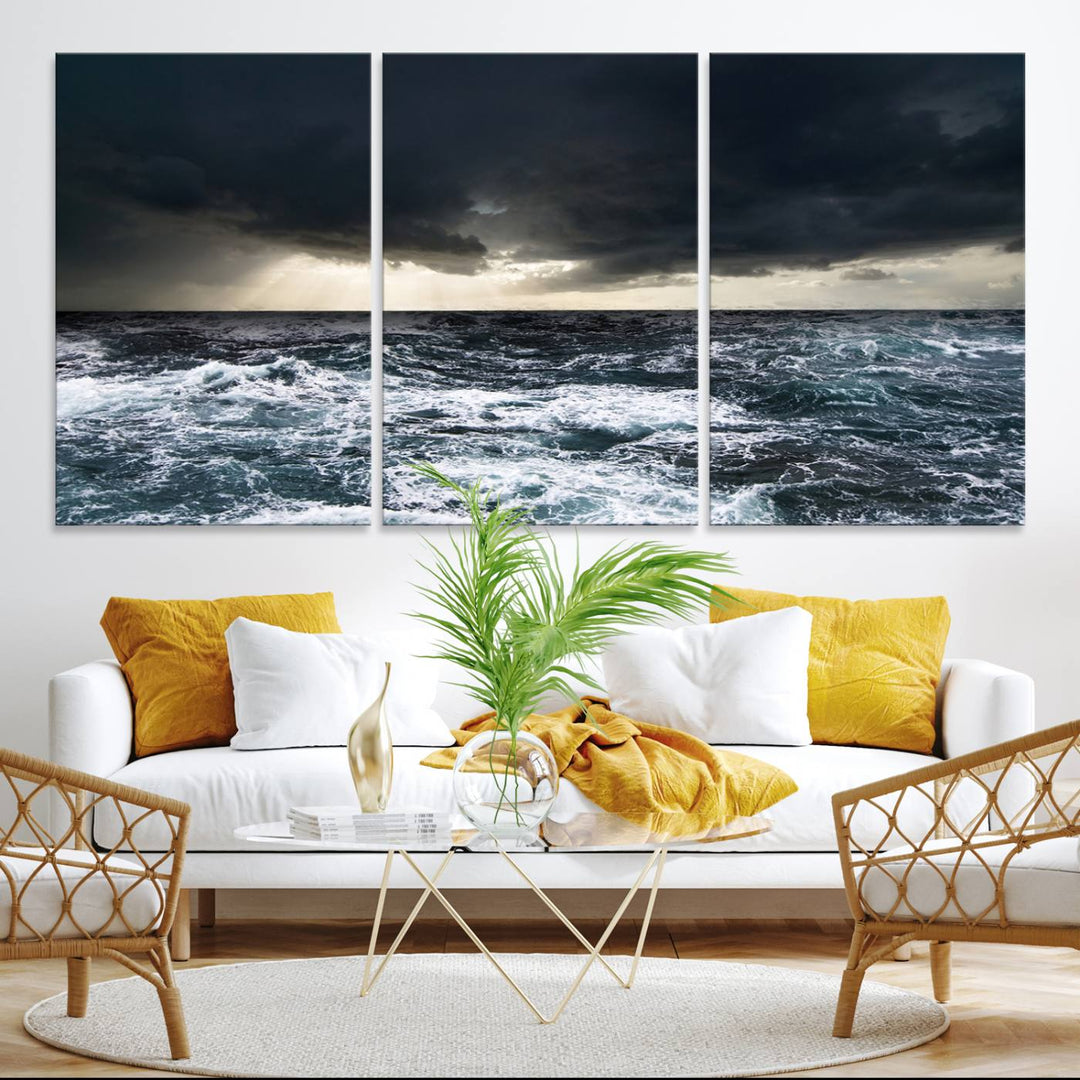 A Dark Clouds Stormy Sea canvas print, ready to hang, enhances the room.