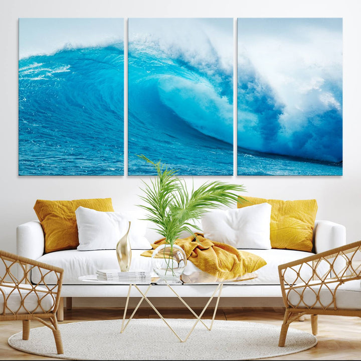 A museum-quality canvas depicting a vibrant blue ocean wave with white foam under a clear sky.