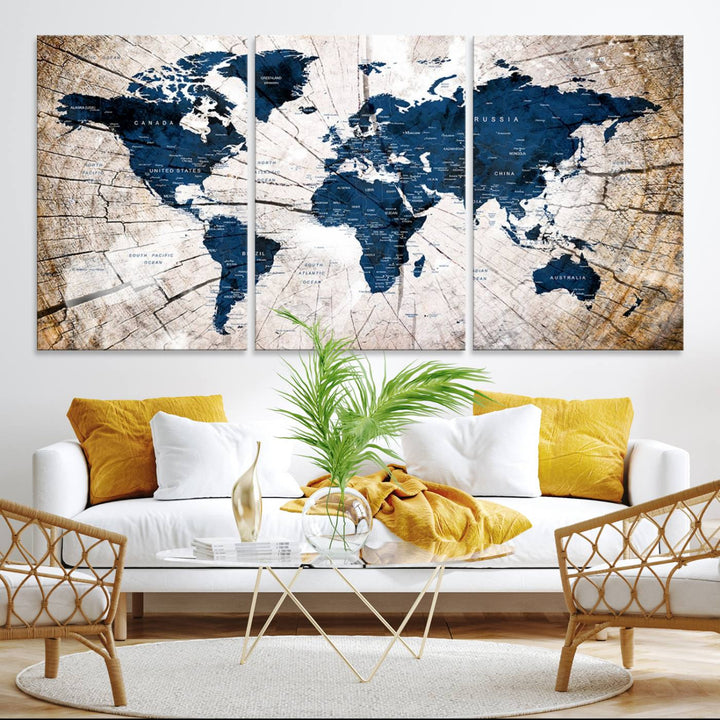 The Vintage World Map on Grunge Background Canvas serves as the focal point of the room.