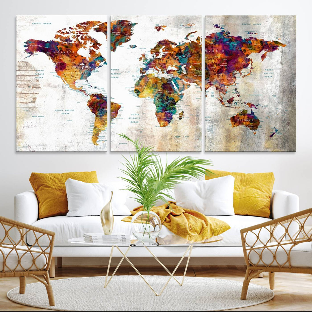 A vibrant Grunge Map Canvas Wall Art Set (3 Panels) for home or office decor, perfect for travel enthusiasts.