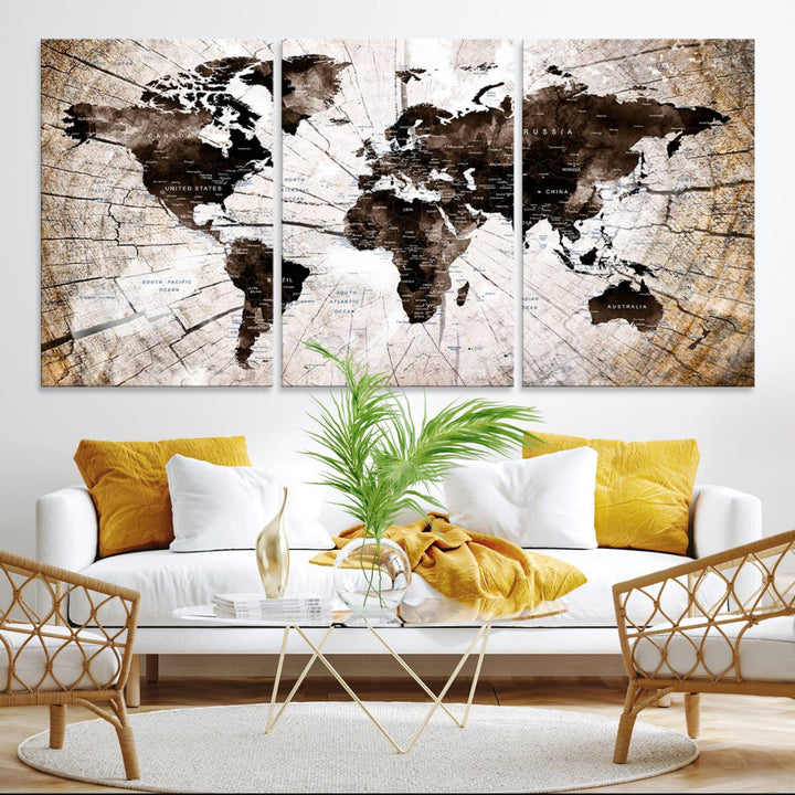 The Tree Ring World Map Canvas hangs above the table, blending into the nature-inspired setting.