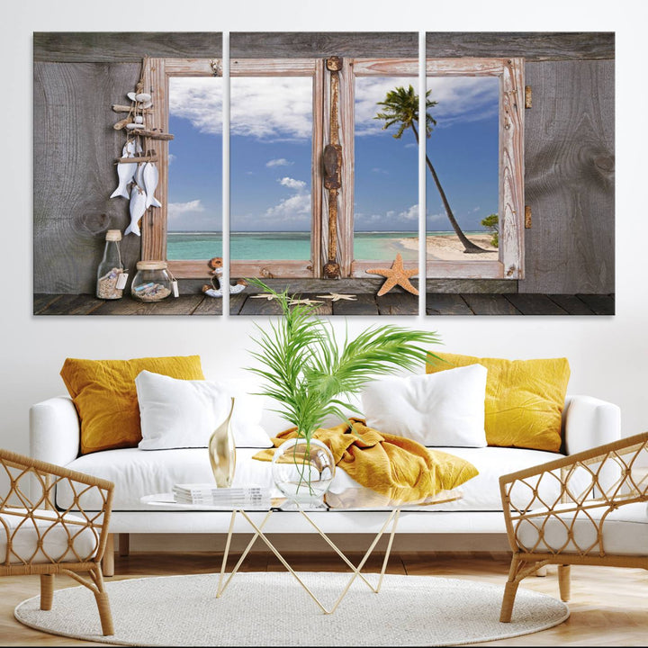 The Window Wall Art Relaxing Beach features seashells and a rustic window frame.