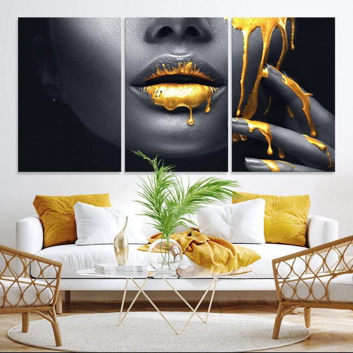 The Gold Lips and Black Woman Makeup Canvas Print features a chic monochrome face design, making it ideal for a modern dining room.