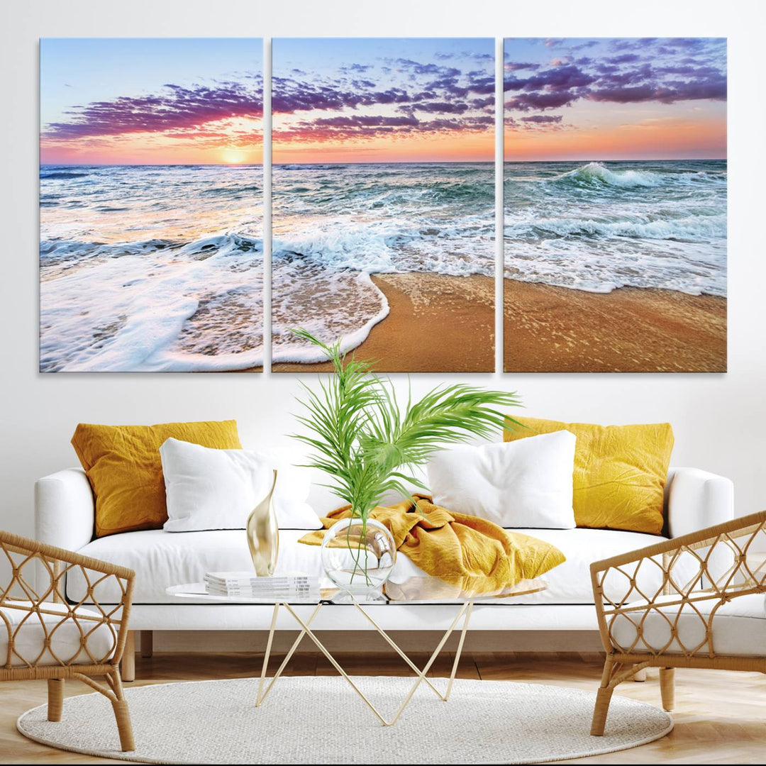 The Tropical Beach Waves Art Print, depicting an ocean sunset and sandy shore, enriches the coastal decor of the dining area.