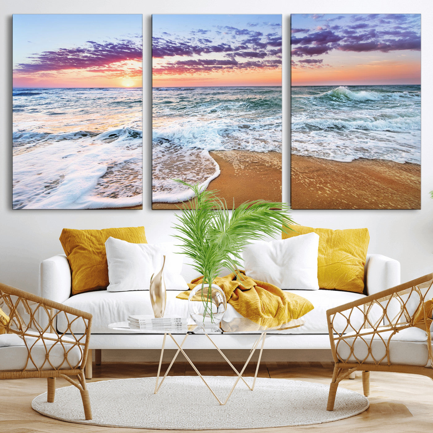 MGV-CV-60X30-3P - Coastal Sunset Art Beach Canvas Wall Art Print | Ocean Waves Wall Art | Large 3-Panel Seascape for