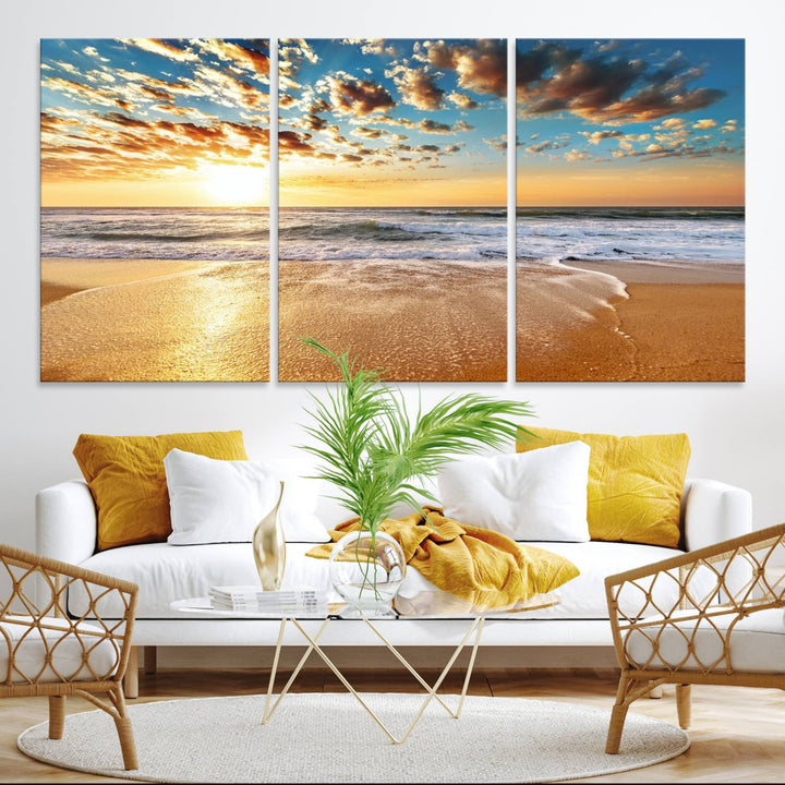 A gallery-wrapped canvas titled Soothing Sunset on Calm Beach is featured.