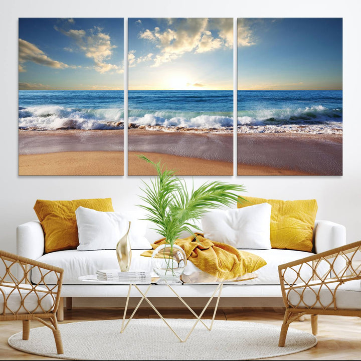 The dining room features a Coastal Tropical Beach Sunset canvas wall art.