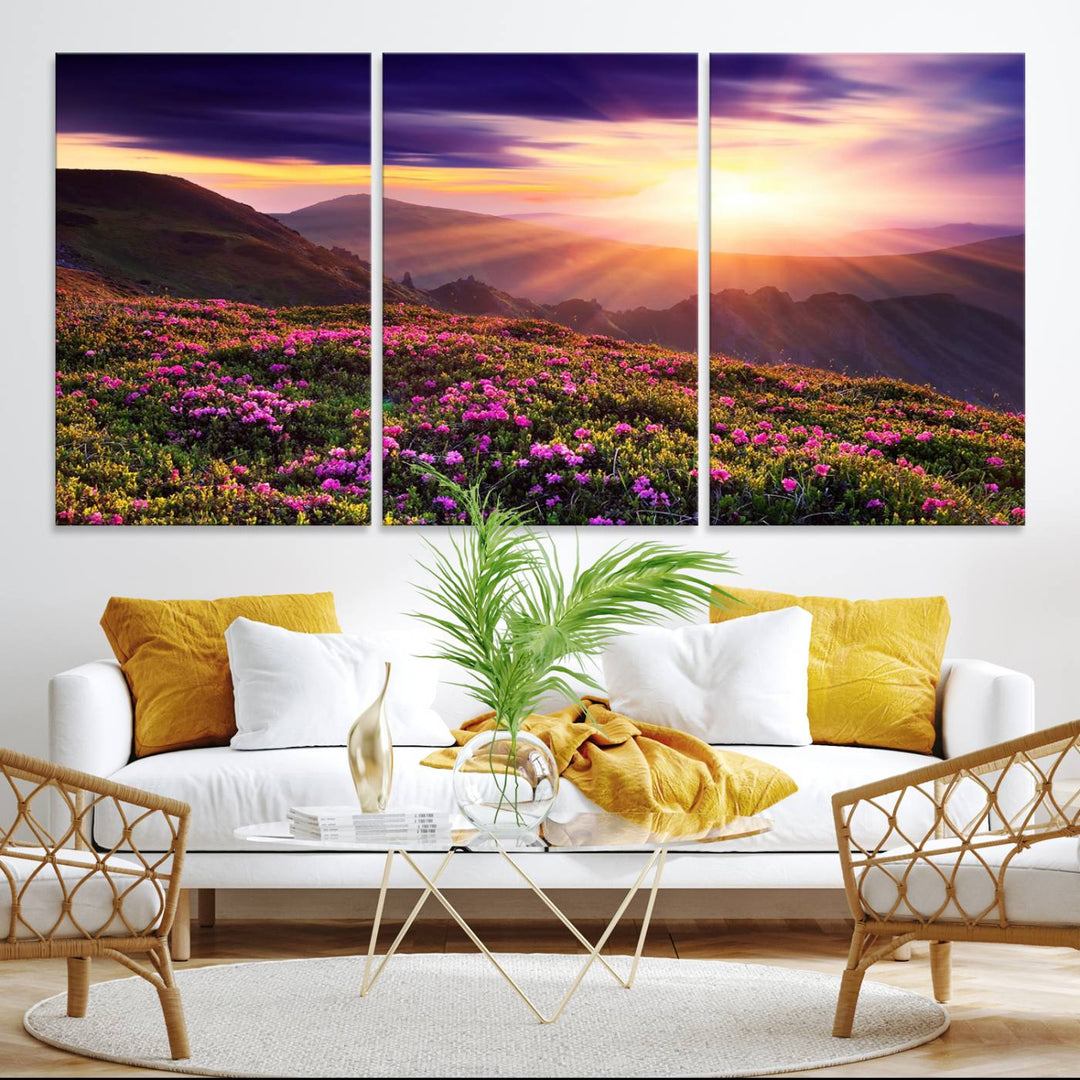 Gallery-wrapped wall art of a stunning mountain sunset and purple flowers.