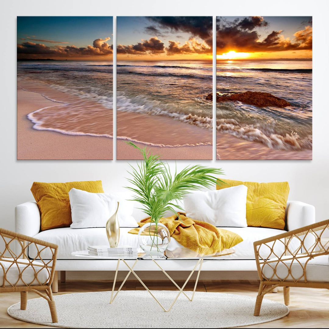 The Sunset on Ocean Wall Art Canvas Print beautifully captures a beach sunset, gentle waves, and a peaceful atmosphere.