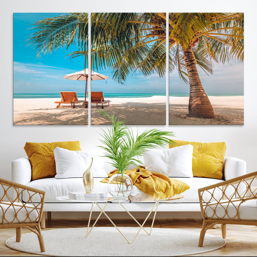 The 3-panel Tropical Beach Wall Art features palm trees and sun loungers, perfect for coastal decor.