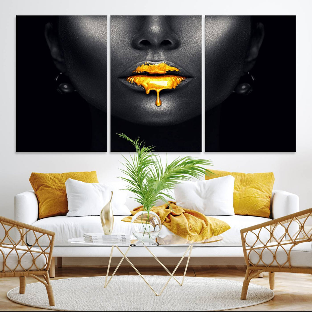 The Honey Gold Lips and Black Woman Photograph canvas print adds a striking touch to the room.