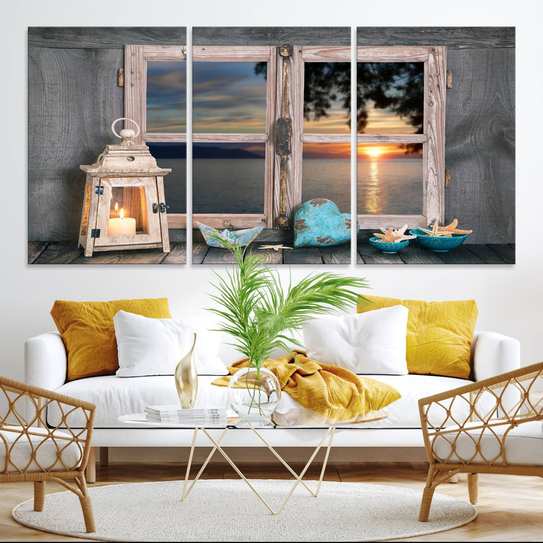 The Astonishing Sunset from the Window canvas print beautifully captures a sea view, accompanied by a lantern and starfish.