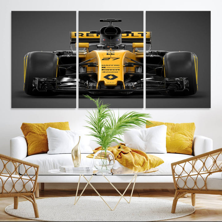 A yellow and black F1 Renault car canvas print with free shipping.