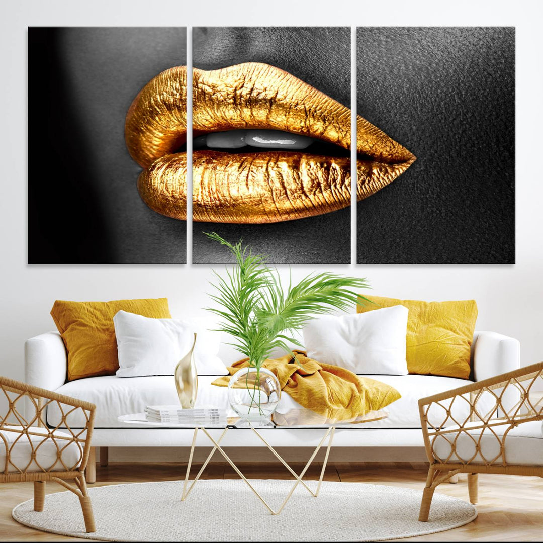 The Gold Lips Canvas Wall Art on a black background is showcased.