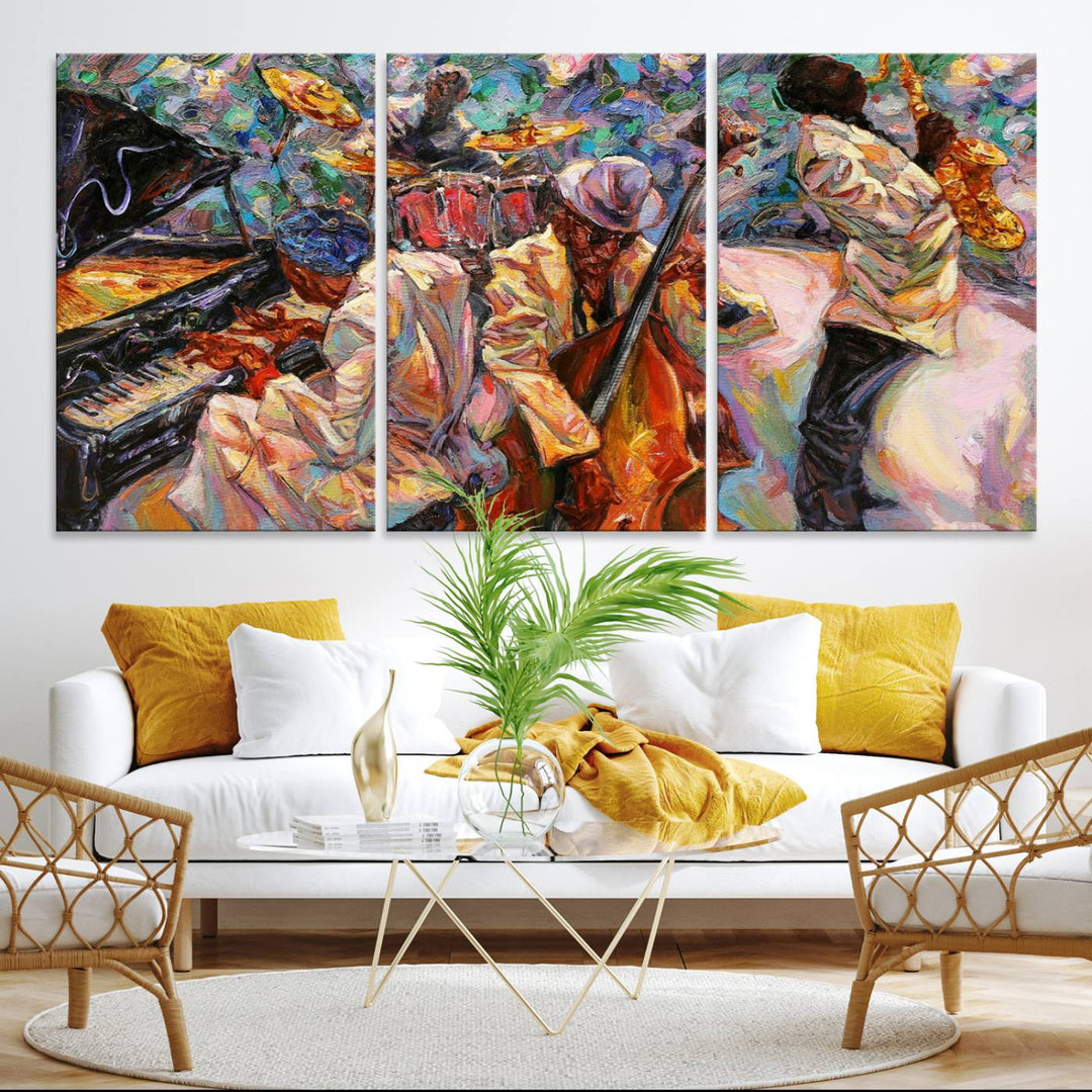 The wall features an African American Jazz Art Music Abstract Painting on Canvas.